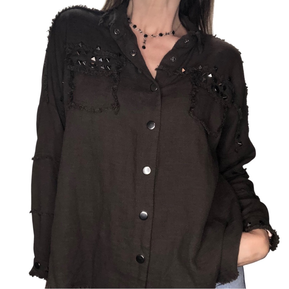 Davi & Dani Studded Western Snap Shirt Top Sz S Brown Cotton Boho Rodeo Grunge